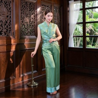 Quần lụa có lé 2 bên, can gấu lụa Xanh cốm F